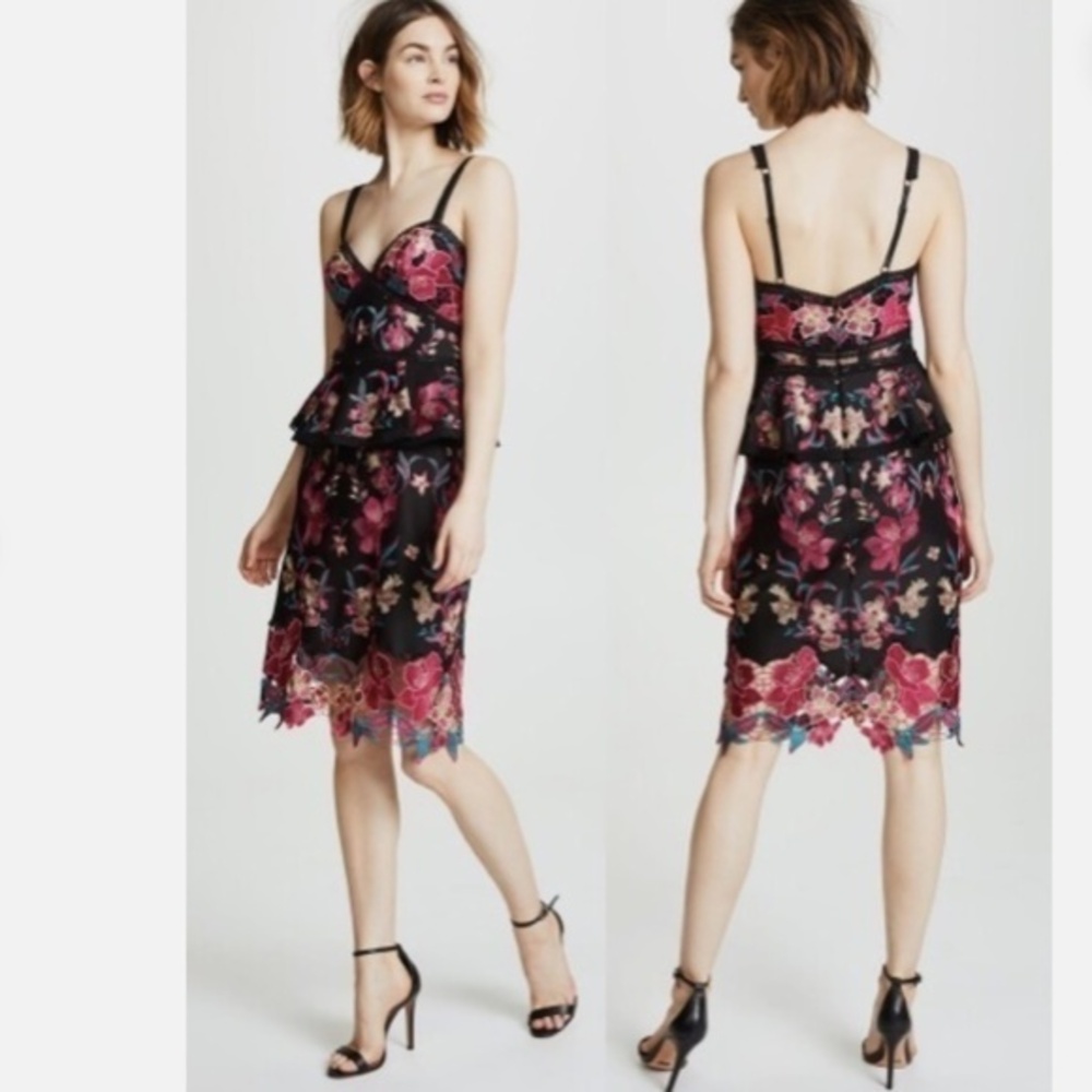 Marchesa Notte Embroidered Ponte Lace Peplum Cocktail Dress Nwt 2